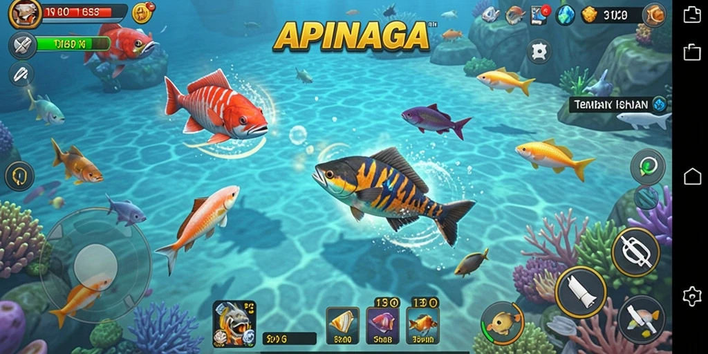 Screenshot utama APINAGA menunjukkan aksi seru menembak ikan di bawah laut.