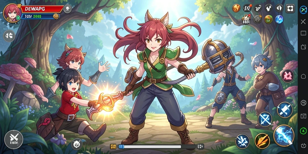 Tampilan gameplay DEWAPG yang menampilkan pertarungan karakter anime.
