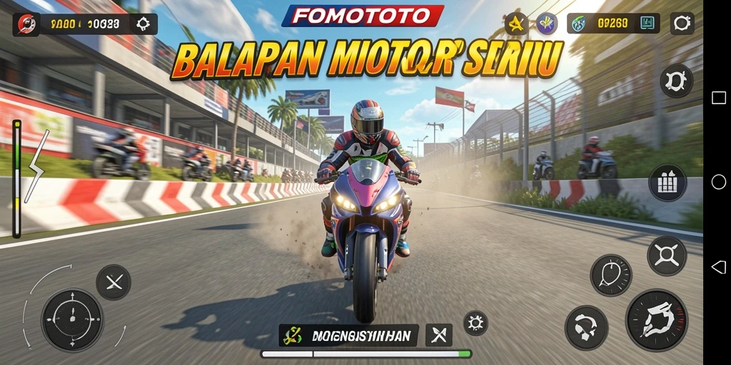 Screenshot gameplay FOMOTOTO menunjukkan balapan motor yang seru dan dinamis.