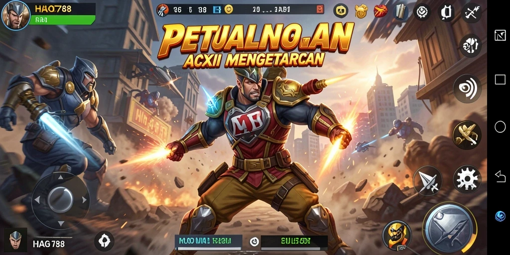 Screenshot gameplay HAO788 menampilkan karakter beraksi melawan musuh dengan latar belakang menakjubkan.